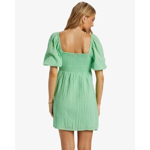 Billabong “Sol” Puff Sleeve Mini Dress in Bright Meadow Green – Small NWOT - Picture 3 of 9